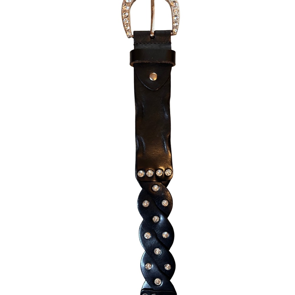 Unbranded Braided Leather Belt Women 36 Black Excellent Rhinestone Horseshoe - Picture 1 of 5
